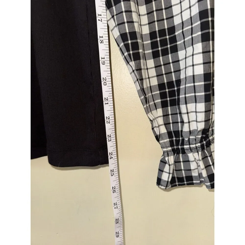 LOFT Black Ribbed Knit Mixed Media Plaid Puff Sleeve Top Size S